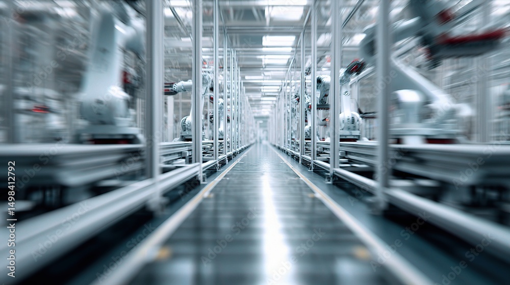 Poster blurred walkways in a factory with robots and sharp grippers