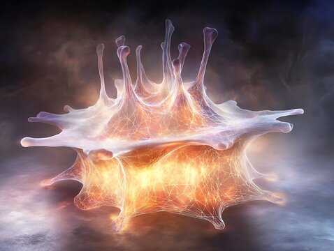 An illustrated quantum neural network showing a glowing lattice web.