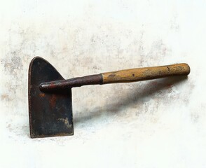Old rusted garden hoe with wooden handle resting on a white textured surface