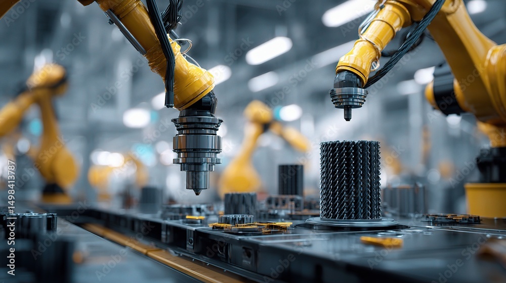 Poster advanced cnc robots working on 3d printed parts in factory setting