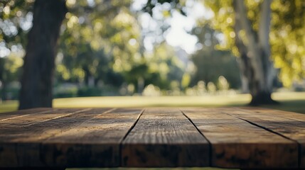 Rustic Wooden Tabletop Summer Park Background Peaceful Nature Scene Relaxing Outdoors Wooden Texture Sunny Day Green Trees Natural Environment Calm Atmosphere Serene Landscape     