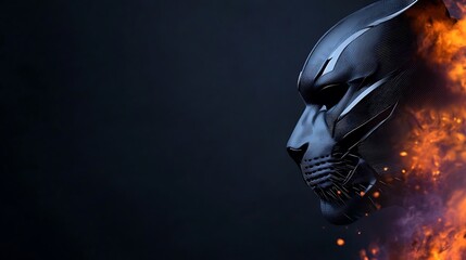 Black panther mask emerging from fiery background, symbolizing strength and power in art