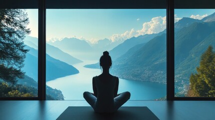 Woman meditating with mountain view