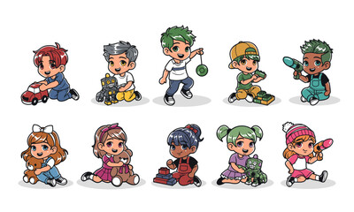 Kids playing toy graphic vector illustration set
