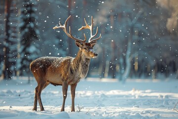 Noble deer male in winter snow forest. Artistic winter christmas landscape.