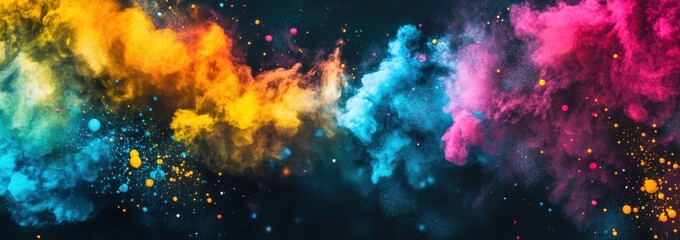 Vibrant multicolored powder clouds explode against a dark background, creating a dynamic and energetic abstract composition with scattered particles