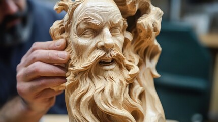 Wood carving of a weathered face