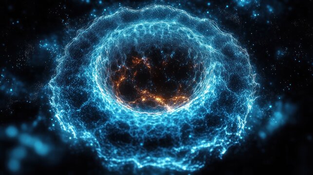 Glowing blue circular network with bright orange interconnected nodes inside, resembling a dynamic energy field or cosmic phenomenon with vibrant electric patterns