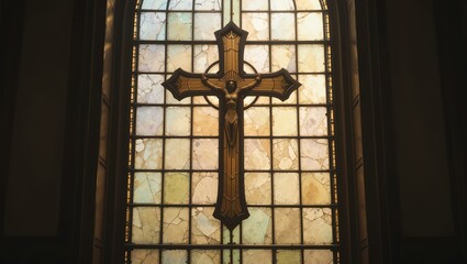 Naklejka premium A beautifully crafted stained glass window featuring a cross, illuminated by natural light, creating a serene atmosphere.