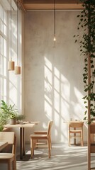 Minimalist Scandinavian cafe interior with light wood furniture and potted plants