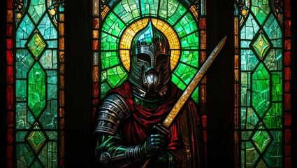 Obraz premium A majestic stained glass window depicting a knight in shining armor, holding a sword against colorful glass panels.