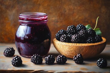 Glass jar filled with dark purple blackberry jam next to a wooden bowl overflowing with fresh blackberries on a rustic wooden surface