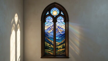 A stunning stained glass window depicting mountains and nature, casting colorful light in a serene space.