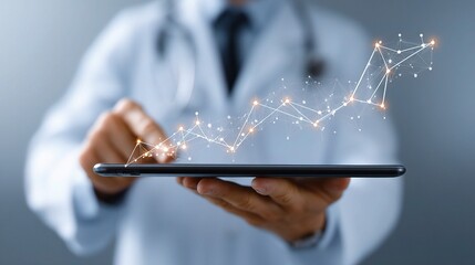 Doctor Holding Tablet in Virtual Clinic with UI Elements Displayed