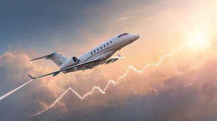 Business Jet Taking Off with Rising Profit Graph in Background
