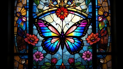 A vibrant stained glass window featuring a butterfly surrounded by colorful flowers, showcasing intricate artistry.