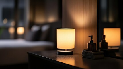 Warm Lamp Illuminates Bedroom Interior Featuring Bedside Table with Toiletries and Mirror Reflection