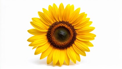 Fototapeta premium A vibrant yellow sunflower with a dark center is displayed against a white background.