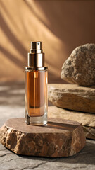 Luxury Cosmetic Bottle on Natural Stone Base with Warm Lighting