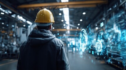 Back View of Male Engineer in Hard Hat Inside Industrial Setting