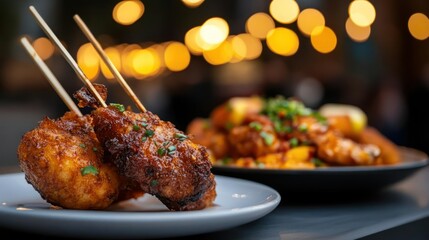 Delicious Fried Chicken Skewers on a White Plate with Blurred Background and Bokeh Lights