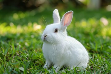 Fototapeta premium white rabbit on green grass