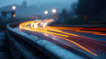 Blurred Vehicle Light Trails on a Curving Road at Dusk in a Misty Atmosphere