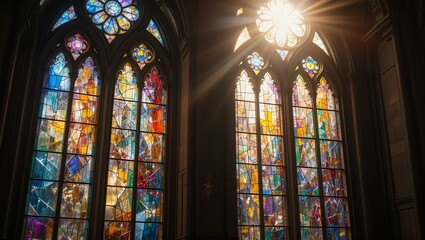 Beautiful stained glass windows casting vibrant colors in a historic cathedral, creating a serene atmosphere.