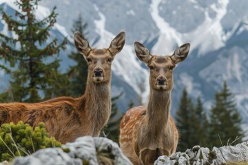 Fototapeta premium two brown deer beside trees and mountain