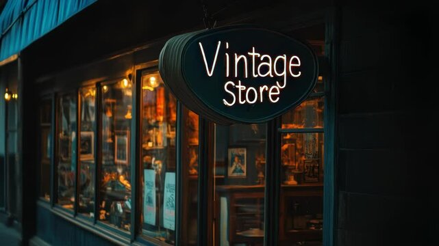 Charming vintage store illuminated at night with glowing neon sign display