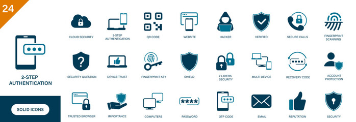 2-step authentication icon. Containing security, fingerprint, OTP code, password, recovery code. Solid vector icon set.