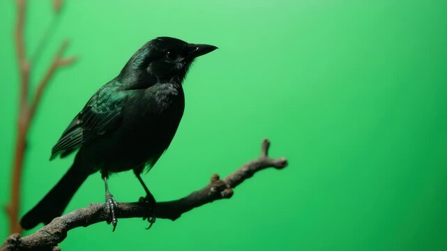 Elegant black drongo perched on branch, close-up against lush green backdrop