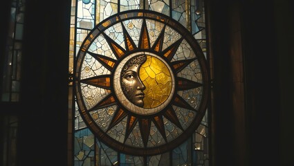 Obraz premium Intricate stained glass window featuring a sun and moon, symbolizing harmony and balance in spirituality and art.