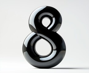 Number eight made of shiny black glass. It stands on a white floor.