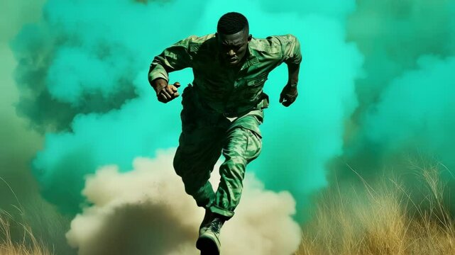 Intense action scene featuring a determined man running through a smoke-filled field