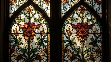 Stained glass window featuring vibrant floral designs, showcasing intricate craftsmanship and colorful artistry.
