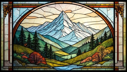 Fototapeta premium Stunning stained glass artwork depicting a serene mountain landscape surrounded by colorful trees and a river.