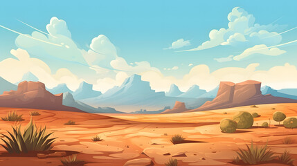 Cartoon Vector Illustration of Mountains in the Desert with Sun - Sunny Landscape Scene