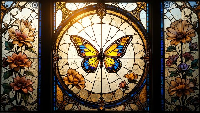 Stunning stained glass window featuring a butterfly surrounded by colorful flowers, radiating light and beauty.