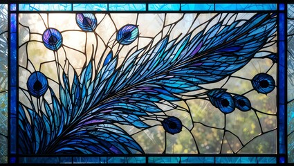 Stunning stained glass window featuring a vibrant peacock feather design in blue and turquoise hues.