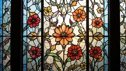 Stunning stained glass window featuring vibrant floral designs, showcasing artistry and craftsmanship in architecture.