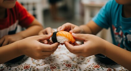 Holding Sushi Piece Between Two People at Table