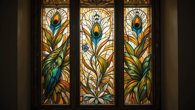 Stunning stained glass window featuring peacock designs and vibrant floral elements, illuminating the interior space.