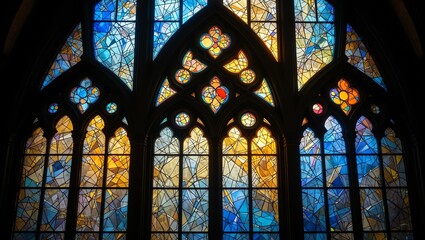 Stunning stained glass window reflecting colorful light in a historic building, showcasing intricate designs.