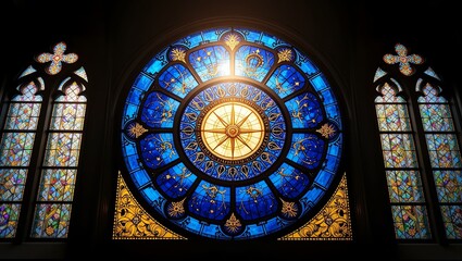 Stunning stained glass window with intricate designs, showcasing vibrant blue hues and detailed patterns.