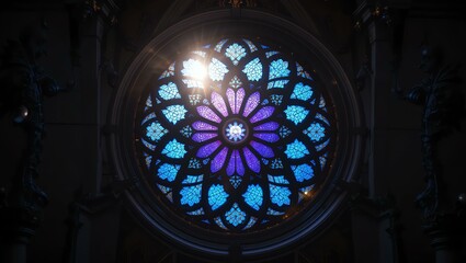 Stunning stained glass window with intricate floral design, casting colorful light into the sacred space.