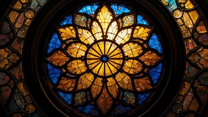 Stunning stained glass window with intricate floral design, vibrant hues capturing light beautifully.