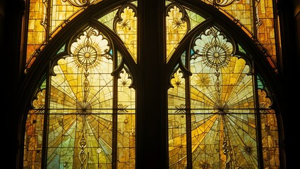 Stunning stained glass window with intricate patterns and vibrant colors illuminating the interior space.