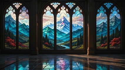 Stunning stained glass windows depicting serene mountain landscapes reflecting beauty and tranquility.