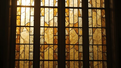 Stunning stained glass window with warm hues, casting colorful light into the room. A beautiful piece of art.